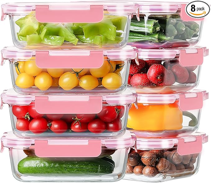 8 Pack 36oz Large Glass Meal Prep Containers with lids, Glass Food Storage Containers with Leak Proof Snap Lock Lids , Airtight Bento lunch Boxes, Kitchen Storage, Oven and Dishwasher Safe-Pink