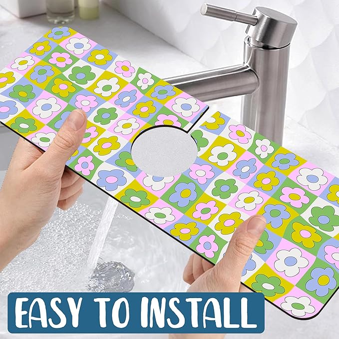 Cute Flowers Kitchen Sink Splash Guard Faucet Mat Retro Floral Super Absorbent Fast Drying Mat Sink Splash Guard Behind Faucet for Kitchen Bathroom, 15.5"x5.5"