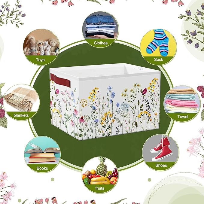 Boao 3 Pack Floral Storage Baskets for Gifts Empty Collapsible Large Wildflowers Storage Bins, Herbs Flowers Canvas Laundry Basket Organizer with Handle for Bedroom Home Office Clothes Closets Toys