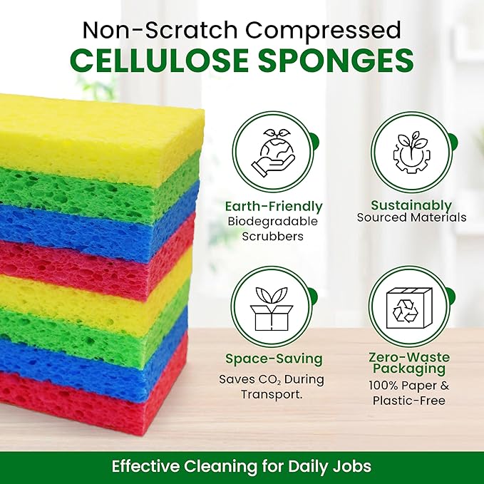 Cellulose Sponges – 48-Pack Multicolored Compressed Natural for Kitchen – Plant-Based, Biodegradable, Non-Scratch, Quick-Dry, Super-Absorbent for Dishes & Surfaces (48, Multicolor)