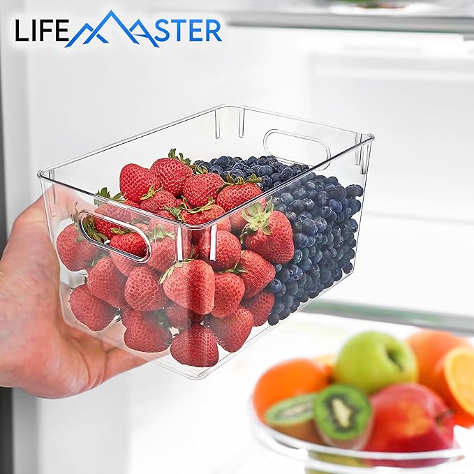 Lifemaster Multi-purpose Refrigerator Bins - 2 pieces Large Capacity Stackable Fridge Bin Organizer with Easy Grip Handles - Clear