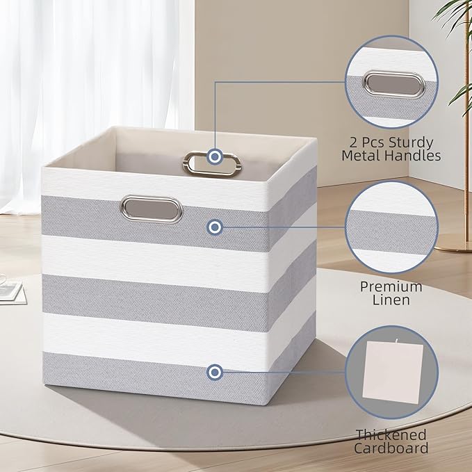 11x11 Cube Storage Bins, Collapsible Fabric Storage Cubes, Cubby Storage Organizer Bins Striped Container Baskets for Organizing Home Office Wardrobe Closet Shelf, Pack of 4, Gray/White