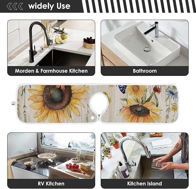 Sink Faucet Absorbing Mat Kitchen Sink Splash Guard Splash Faucet Drip Catcher for Bar RV Bathroom 2PCS 30x5.5in Watercolor Cornflower Sunflower