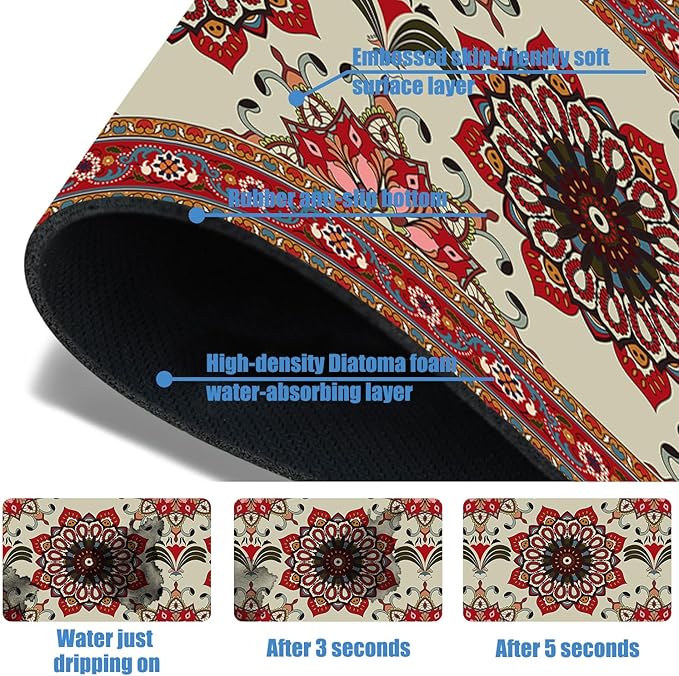 Sink Faucet Absorbing Mat Red Retro Boho Sink Splash Guard Drying Mat for Kitchen Bathroom Faucet Sinkmat 15.5"X5.5"