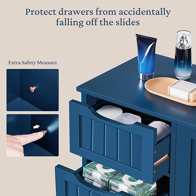 Yaheetech Wooden Bathroom Floor Cabinet, Side Storage Organizer Cabinet with 4 Drawers and 1 Cupboard, Freestanding Entryway Storage Unit Console Table, Bathroom Furniture Home Decor, Navy Blue