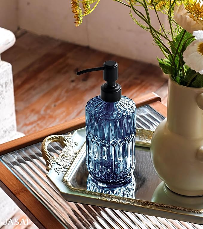 JASAI 18Oz Blue Soap Dispenser with Black Rust Proof Pump, Refillable Bathroom soap Dispenser with Thick Glass, Kitchen Soap Dispenser for Hand soap & Dish Soap.(Blue)
