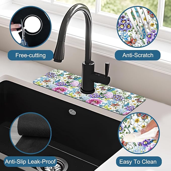 Beautiful Floral Kitchen Sink Splash Guard Faucet Mat Flower Bird Butterfly Super Absorbent Fast Drying Mat Sink Splash Guard Behind Faucet for Kitchen Bathroom, 15.5"x5.5"