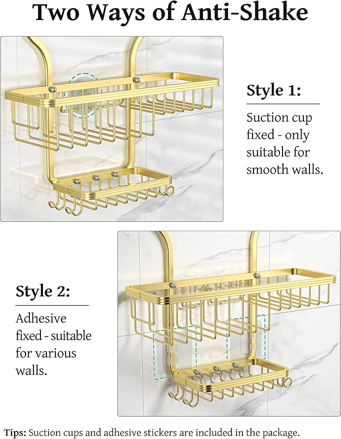 YASONIC Never Rust Shower Caddy Hanging Organizer - Aluminum Over-the-Showerhead Rack With 10 Hooks for Razor/Sponge and Soap Basket - Gold