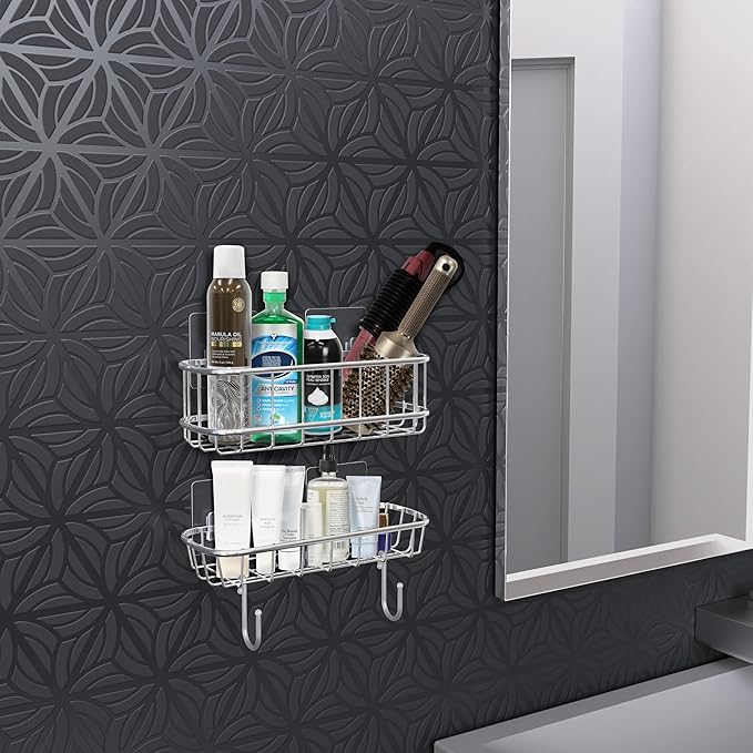 Simple Houseware Bathroom Adhesive Wall Mount Standard Shower Caddy w/Hooks, Chrome, 2 Pack