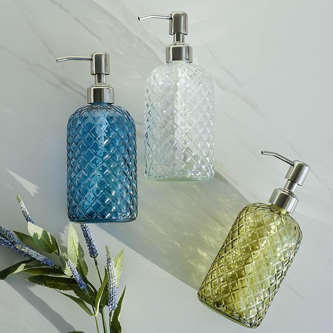 JASAI 18Oz Gem Patterned Clear Glass Soap Dispenser with Rust Proof Pump, Refillable Hand soap Dispenser for Kitchen, Premium Bathroom Soap Dispenser for Dish Soap, Hand soap, Lotion(Clear).