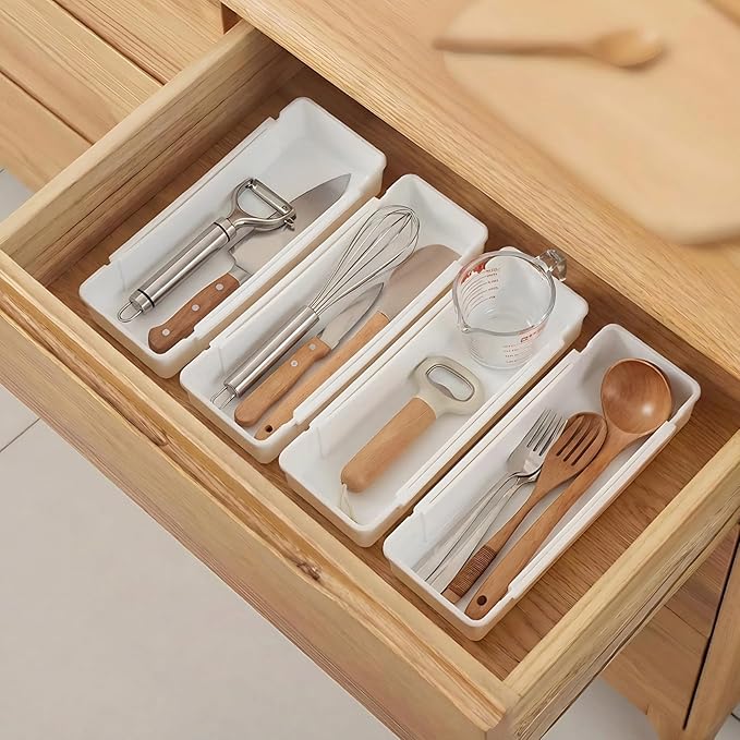 Drawer Organizers Set,Expandable Drawer Organizer Trays,Drawer Organizer Bins for Bedroom,Bathroom, Kitchen, Office (White,4pack)