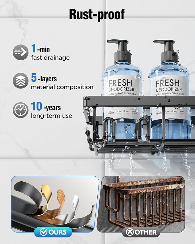 Shower Caddy 7 Pack, Adhesive Bathroom Shower Organizer for Bathroom Storage, No Drilling Large Capacity Rustproof Stainless Steel Shower Shelves Rack for Bath, Black