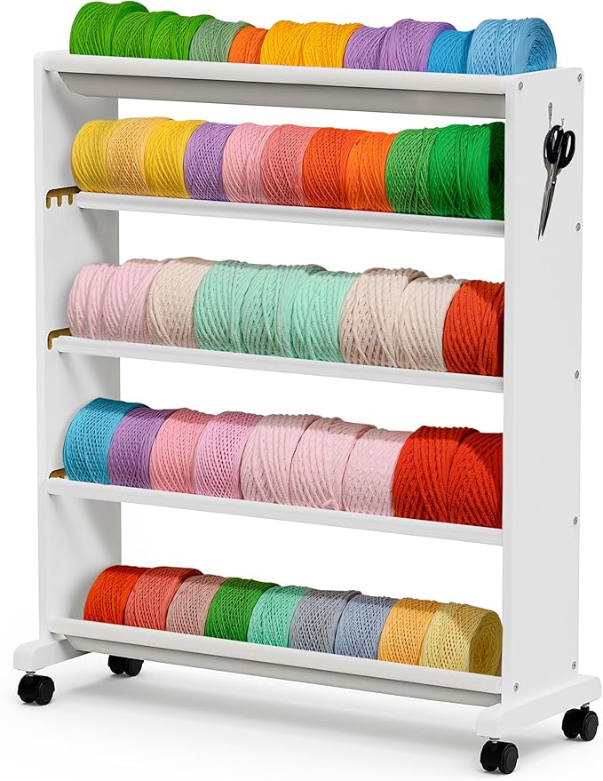 Yarn Storage Organizer, 5 Tier Wooden Cart for Yarn Cake Organize, Mobile Yarn Rack with 4 Rolling Wheels, Side Hooks & Pouch for Knitting Crochet Supplies, Ideal for Craft Room Organization(White)