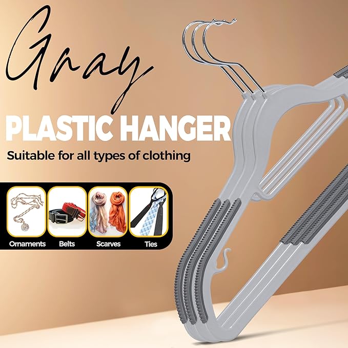 Quality Clothes Hangers 50 Pack - Non-Velvet Plastic Hangers for Clothes - Heavy Duty Coat Hanger Set - Space-Saving Closet Hangers with Gray Swivel Hooks - Functional Non-Flocked