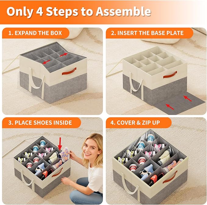 Aokeyee 2 Pack Shoe Organizer for Closet, Foldable Shoe Storage Organizer Box w/Clear Cover and Reinforced Handles, Space Saving Shoes Bin Fits up to 32 Pairs, Beige and Grey