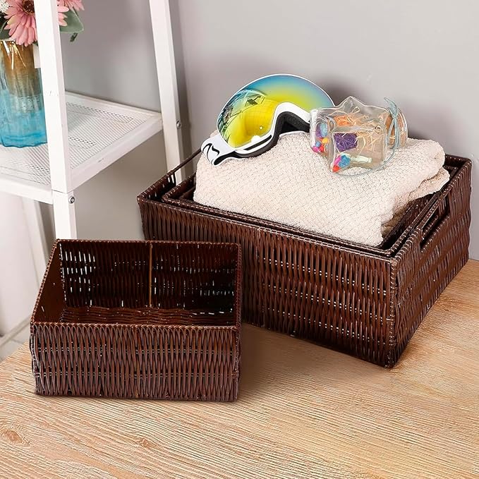 Elevon Plastic Wicker Basket Set of 4, Handmade Storage Basket for Organizing with Handles, Storage Bins for Home Kitchen Countertop, Shelf Organizer, Waterproof, Coffee