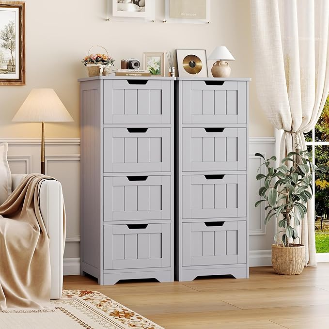 FOTOSOK Bathroom Storage Cabinet, Bathroom Cabinet with 4 Drawers, 11.8” x 11.8” x 32.5” Freestanding Entryway Cupboard Storage Organizer Unit Home Furniture Decor, Grey