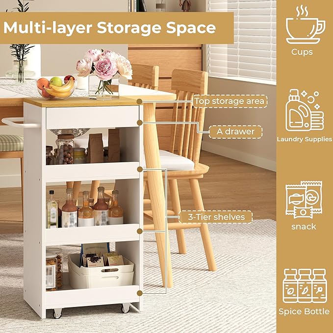 IRONCK Slim Storage Rolling Cart with Drawer and Wheels and Handle, 4 Tier Slide Out Utility Kitchen Cart for Small Spaces Kitchen Laundry Narrow Places, 11.8" D White