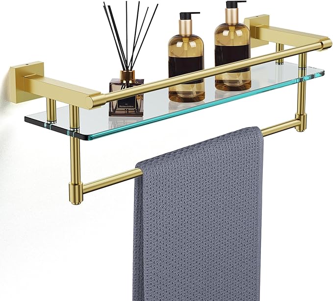SFGSOWOR Bathroom Glass Shelf with Towel Rack Organizer Wall-Mounted Bathroom Storage SUS304 Stainless Steel Track Wall-Mounted Tempered Glass Stainless Steel Shelf (Brushed Gold, 20-inch)