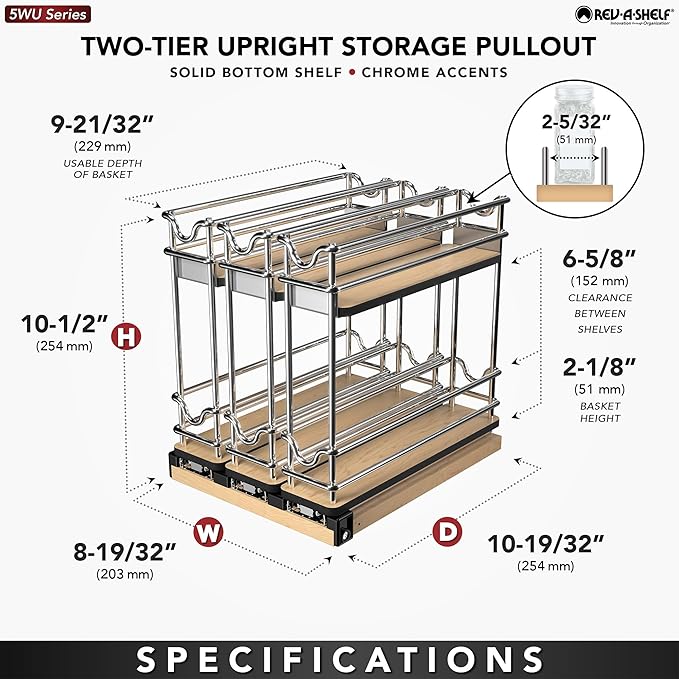 Rev-A-Shelf 9" Pullout Organizer for Cabinets, 2 Tier Triple Narrow Upright Shelf, 5WU2-9N3-1