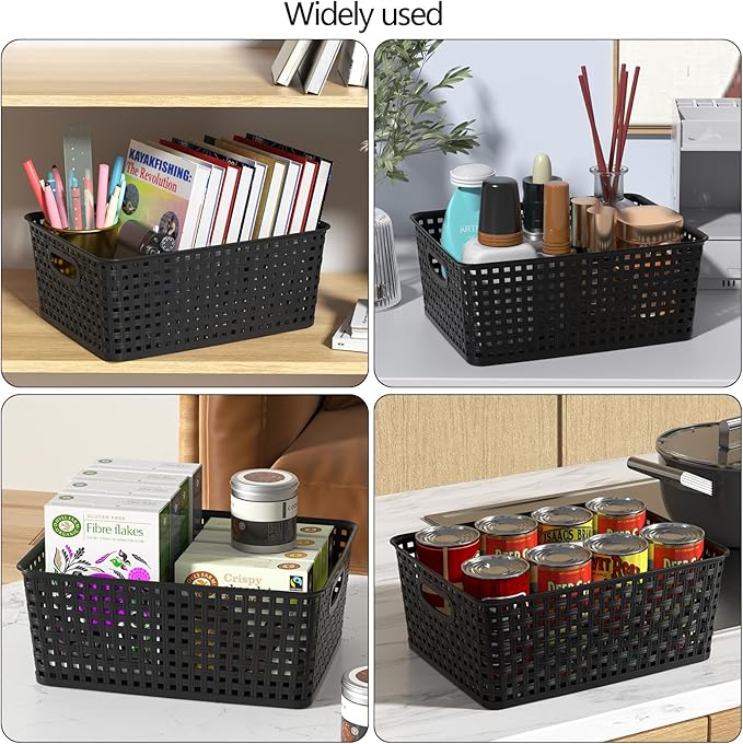 Plastic Weave Storage Basket, Woven Plastic Storage Baskets, Medium Black, 4 Packs