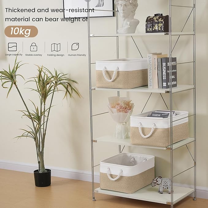 Large Storage Baskets- 15.7x11.8x8.26 inch Storage Bins for Shelves and Closet Organizing, Foldable Fabric Bin for Home Organization Clothes and Laundry (3-Pack, White&Khaki)