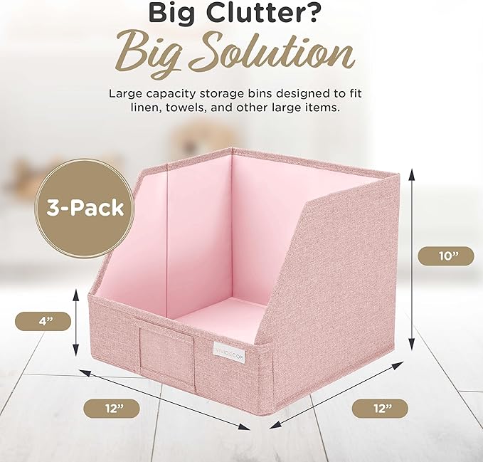 VIVIDECOR Closet Bins for Organization – 12x12x10 Foldable Boxes for Clothes, Fabric Trapezoid Storage Bins, Storage Baskets, Decorative Storage Baskets, Sweaters, Baby Clothes, Nursery– Pink, 3 Pack