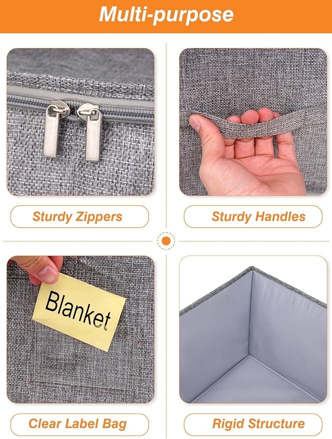 boailydi 60L Blanket/Comforter Storage Bag w/Rigid Side & Bottom Support, Stackable Clothes Storage Bin for Sweaters Bedding Sets Quilts Pillows, Closet Organizer, 21.7x14.2x11.8in, 2 Pack, Gray