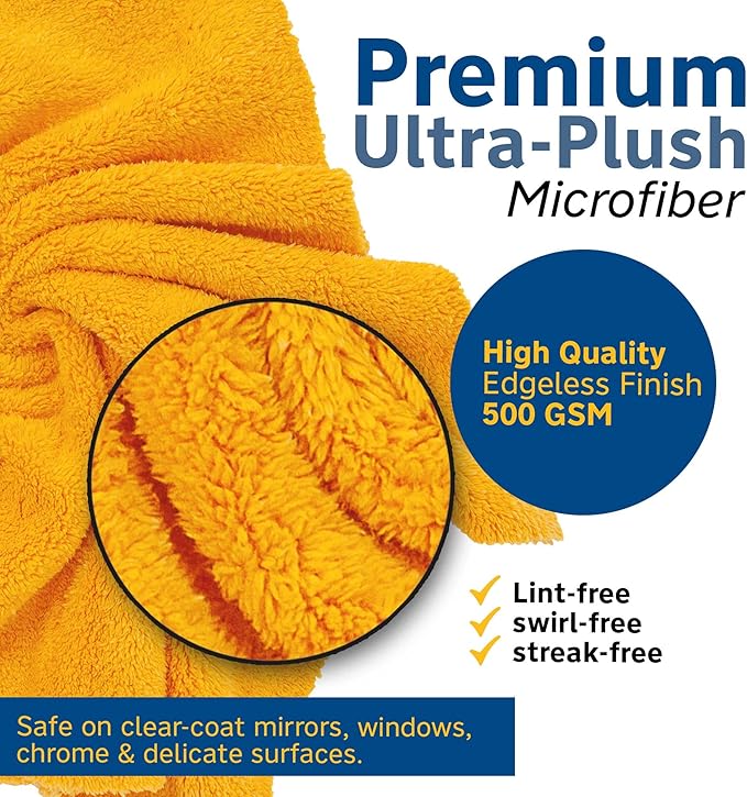 Detailer’s Preference Extra Absorbent Ultra Plush 500GSM Edgeless Microfiber Towels, Car Detailing & Home, Streak-Free, Lint-Free, Scratch-Free, Machine Washable & Reusable, 16x16 Inch, 6-Pack, Orange