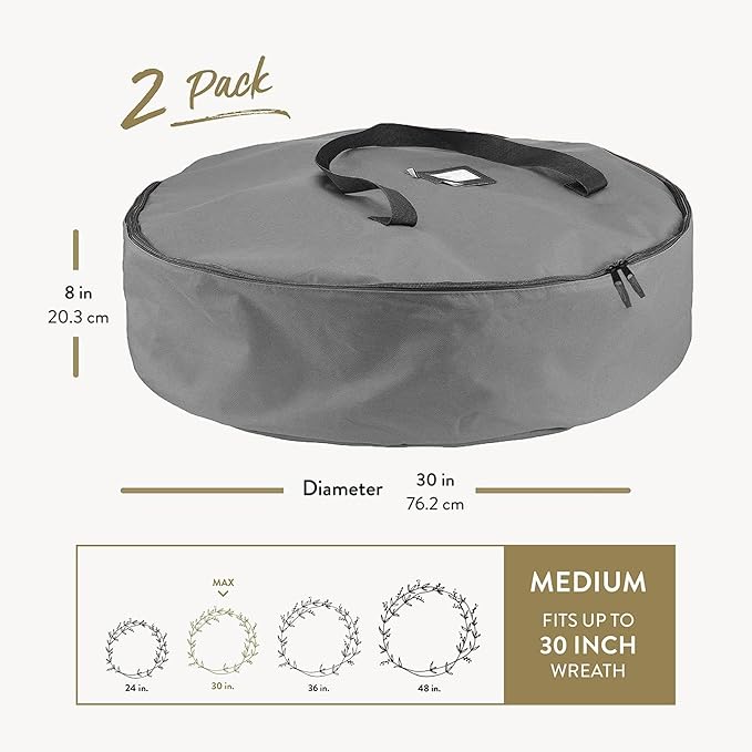 ZOBER 2 Pack Oxford Christmas Wreath Storage Container 30 Inch - Wreath Bag for Artificial Wreaths Box - Waterproof Fabric, Dual Zippered Wreaths Storage Bag With Strong Durable Handles - Gray