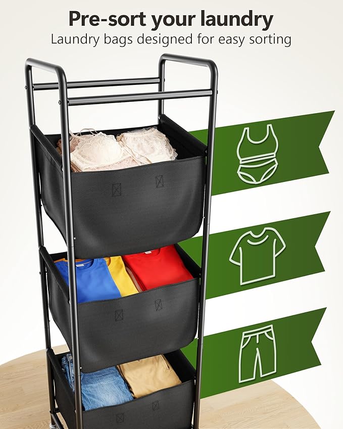 Moforoco Vertical Laundry Sorter 3 Section with Removable Bag, Laundry Hamper with Wheels, 120 L Rolling Laundry Baskets organizer for Bathroom, Apartment, Dorm Room, Black