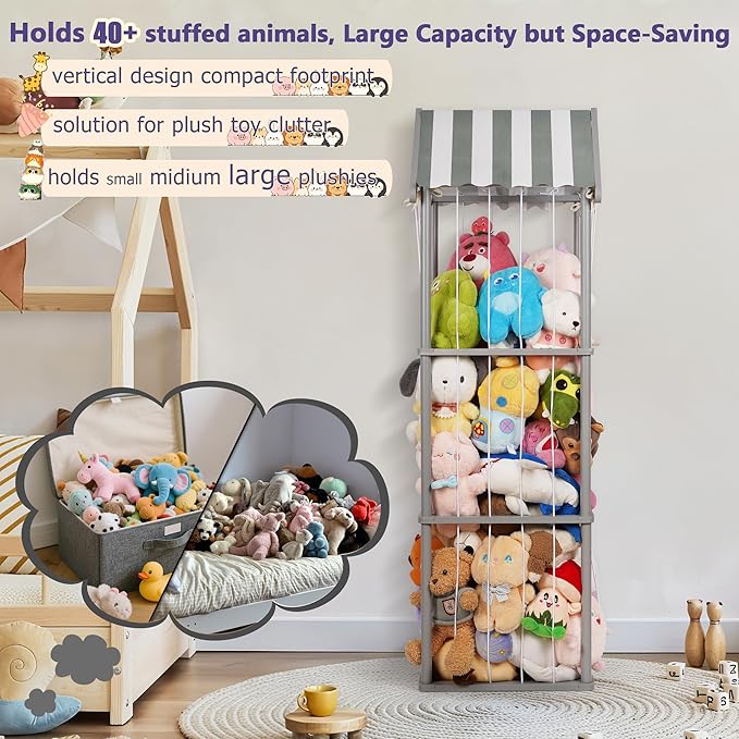 Stuffed Animal Storage, Space Saving Vertical Stuffed Animal Holder Wood, Easy Assembly Cottage-Style Plush Toys Organizer for Bedroom & Playroom (Gray, Large)