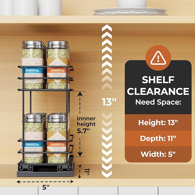 Pull Out Spice Rack Organizer for Cabinet, Slide Out Spice Racks, Easy to Install, 4.33" Wx10.43 Dx8.66 H, 1 Drawer 2 Tiers(Black)