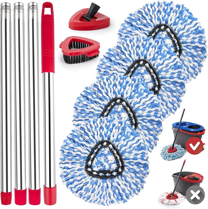 Spin Mop Replacement Head for O Cedar 2 Tank RinseClean, 4 Microfiber mop Refill, 1 Scrub Brush, 1 Mop Stick, 1 Mops Base, Deep Cleaning, 30" to 58" Mop Handle Replacement