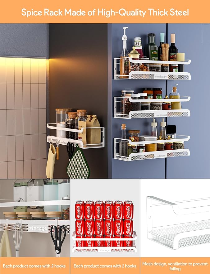 Spice Rack Wall Mount with Hooks - Spice Racks Organizer for Cabinet Storage, Wall Mounted Hanging Shelf Seasoning Organizer, for Kitchen, Pantry Door, Bathroom (White, 4 Pack)