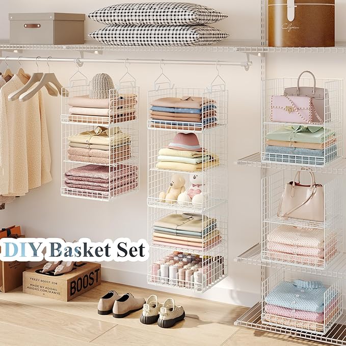 5 Tier Hanging Closet Organizer Separable Hanging Closet Shelves with 4 Hooks 2 Adjustable Dividers, Wire Storage Basket Bins for Clothing Sweaters Socks Dolls Handbags, Foldable