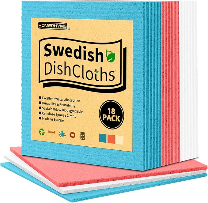 HOMERHYME Swedish Dishcloths, 18 Pack Kitchen Towels Dish Rags, Absorbent Swedish Dish Towels for Kitchen, Non-Scratch Cellulose Sponge Cloths, Biodegradable Washable Reusable Paper Towels, Assorted