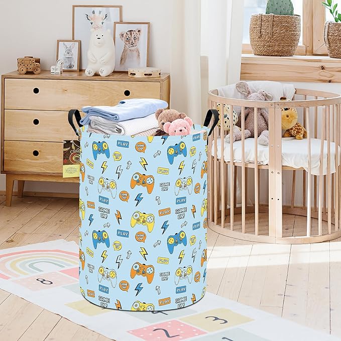 HUNRUNG Laundry Hamper,Large Canvas Fabric Lightweight Storage Basket Toy Organizer Dirty Clothes Collapsible Waterproof for College Dorms（Round-Color Game）