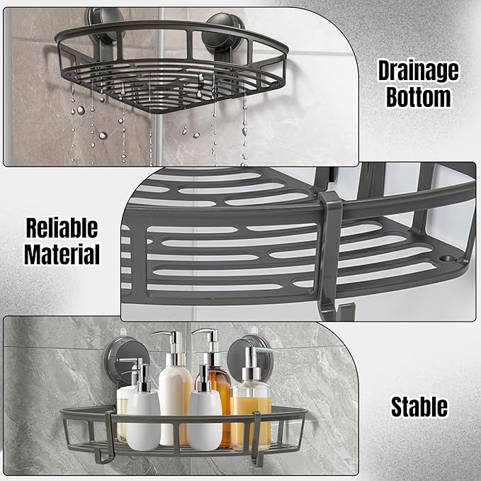 Corner Shower Caddy Shelves - Suction Cup Shower Organizer Shelf with 2 Hooks, No Drilling Rustproof Bathroom Caddies Storage, Adhesive Stainless Steel Wall Hanging Rack for Toilet Kitchen