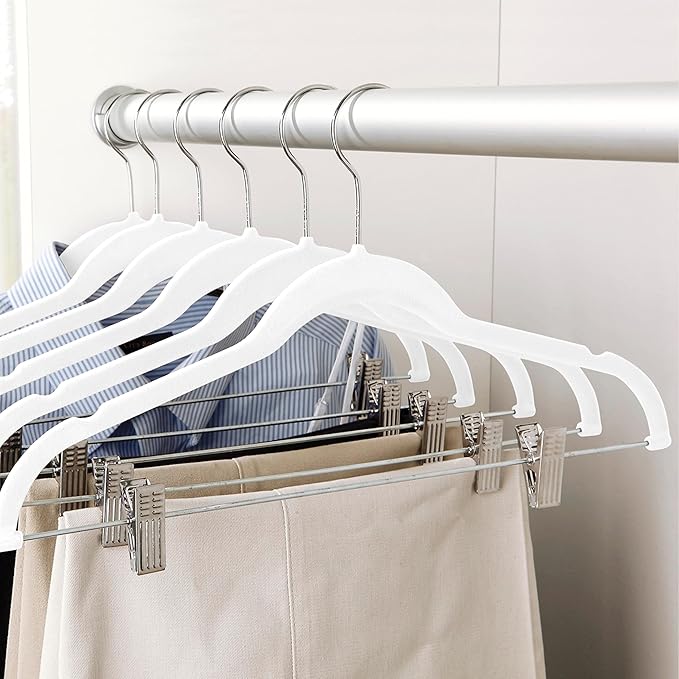 Simplify 6 Pack Velvet Hangers with Clips | Skirt and Pants | Slim Space Saving | Closet Organization | Non-Slip | Prevent Creases | Swivel Neck | Durable | White