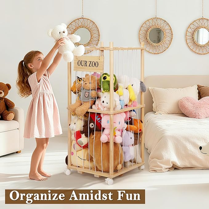 Stuffed Animal Storage Zoo, Wooden Stuffed Animal Organizer with Removable Wheels & 5-Row Elastic Cords, Space-Saving Plush Toy Storage Holder for Playroom, Bedroom, Nursery
