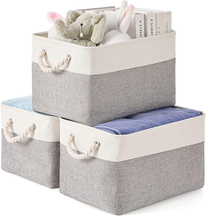 Storage Bins 3 Pack, Fabric Storage Basket for Collapsible Medium Canvas Storage Baskets for Organizing Shelf Nursery Home Closet with Cotton Rope Handle 15(L) x 11(W) x 9.5(H) inch(White&Grey-3PCS)