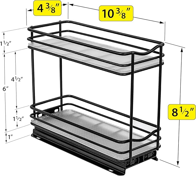 LYNK PROFESSIONAL® Pull Out Spice Rack Organizer for Inside Kitchen Cabinets - 4-3/8 inch Wide - Slide Out Drawer – Black Sliding Spice Organization for cabinet - Spice Racks - 2 Tier