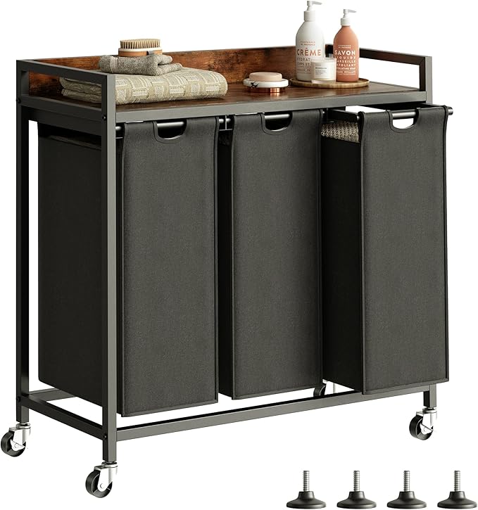 Laundry Hamper with Shelf, Laundry Basket 3 Section, Laundry Sorter with Pull-Out Removable Large Bags and Movable Wheels, Metal Frame, 3 x 15.87 Gallons (60L), Rustic Brown + Black PF04XLY