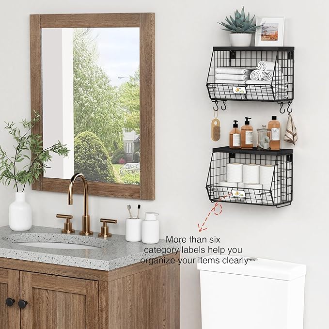 Black Kitchen Wall Hanging Storage Basket Set of 2, Rustic Stackable Kitchen Counter Fruit Organizer, Wire Baskets Container for Veggie, Garlic, Produce, Onion and Potato (Black Shelf)