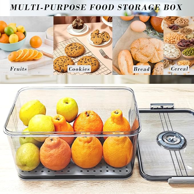 Bread Box Bread Boxes with Lid for Kitchen Counter, Airtight Loaf Bread Storage Container,Large Time Recording Bread Keeper for Homemade Bread, Toast, Bagel, Donut and Cookies (Grey)