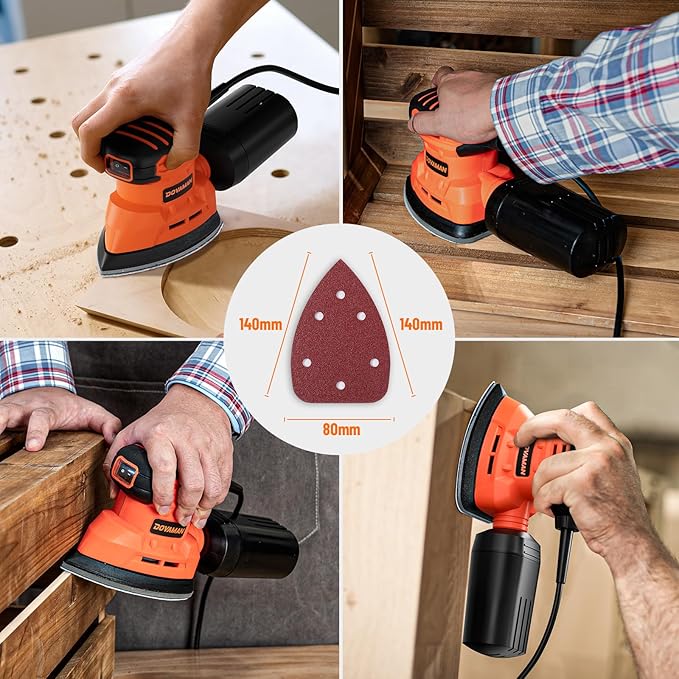 DOVAMAN DLS03A Detail Sander, 130W Palm Sander Tool, Dust Collection System, 12PCS Sandpaper, 12000RPM Compact Hand Tool for Wood Steel Surfaces