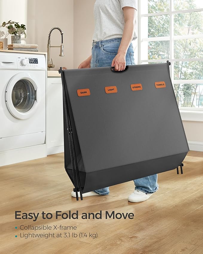 SONGMICS Laundry Hamper, Laundry Basket, 40.9 Gal. Laundry Sorter 4 Sections, Collapsible X-Frame, Clothes Organizer with Customizable Labels, Laundry Room, Bedroom, Bathroom, Slate Gray ULCB140G01