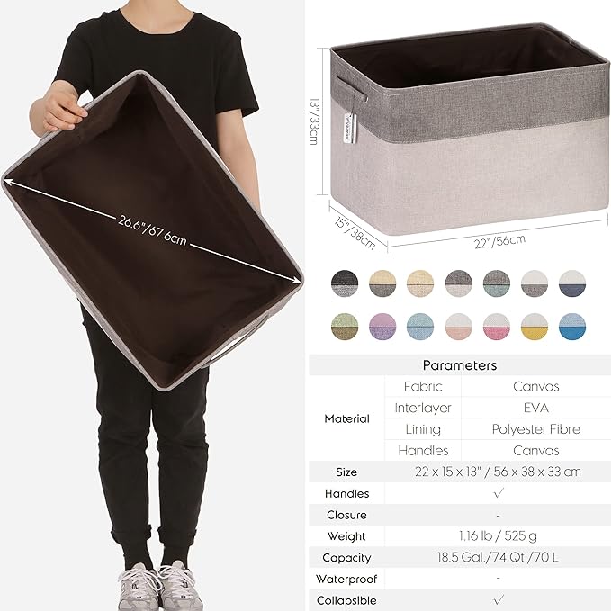 Sea Team 3-Pack Extra Large Storage Basket Set, Trunk Organizer, Clothes Toys Bin, 22 x 15 x 13 Inches, Rectangular Canvas Fabric Collapsible Shelf Box with Handles for Kids Room (Grey/Black)