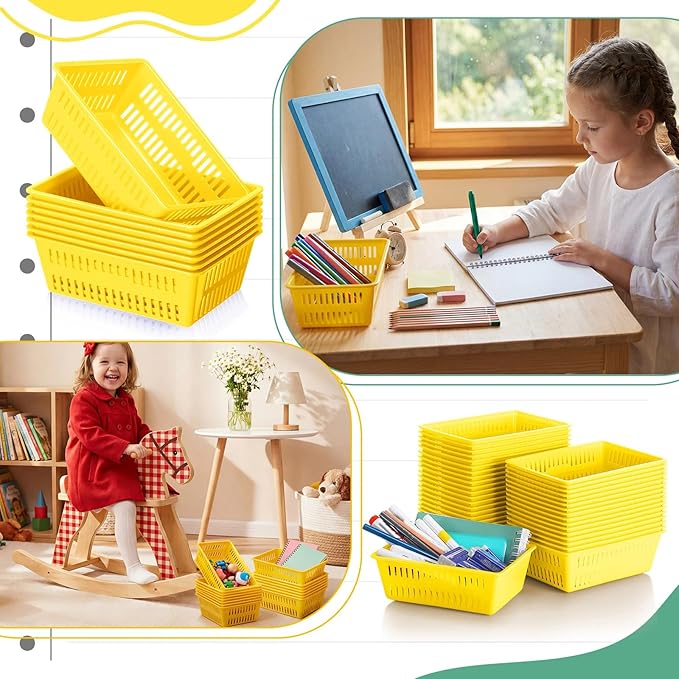 Sherr 36 Pack Classroom Storage Basket Small Plastic Basket for Organizing Crayon Pencil Container Storage Bin Tray Holder for Paper Shelf Back to School Office Supply 6.1"l x 4.3"w x 2.4"h(Yellow)